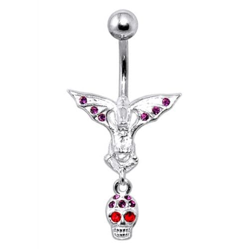 Fancy Silver Jeweled Devil Skull Dangling Ss Banana Bar Belly Ring - Monster Piercing