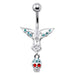 Fancy Silver Jeweled Devil Skull Dangling Ss Banana Bar Belly Ring - Monster Piercing