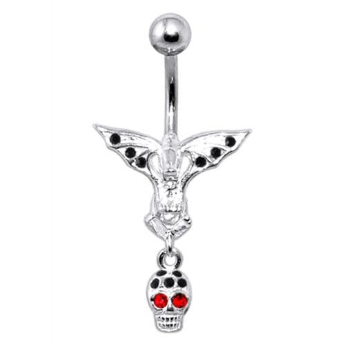 Fancy Silver Jeweled Devil Skull Dangling Ss Banana Bar Belly Ring - Monster Piercing