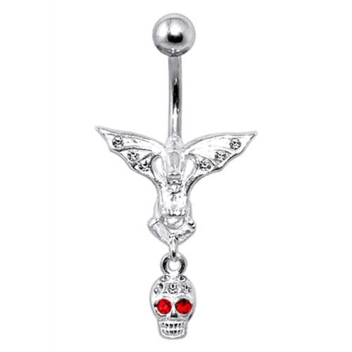 Fancy Silver Jeweled Devil Skull Dangling Ss Banana Bar Belly Ring - Monster Piercing