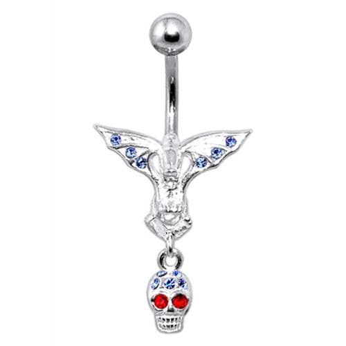 Fancy Silver Jeweled Devil Skull Dangling Ss Banana Bar Belly Ring - Monster Piercing