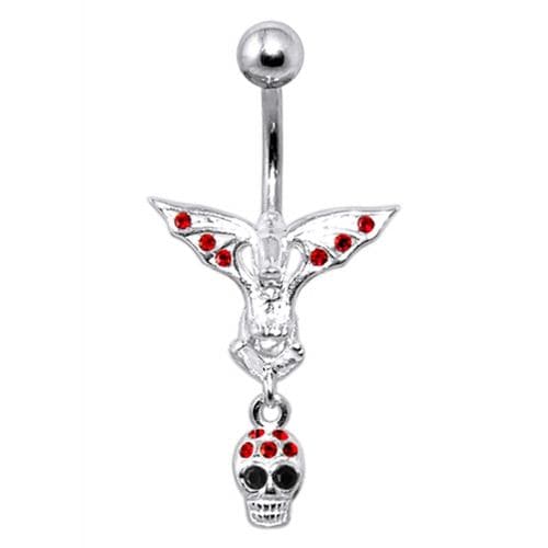 Fancy Silver Jeweled Devil Skull Dangling Ss Banana Bar Belly Ring - Monster Piercing