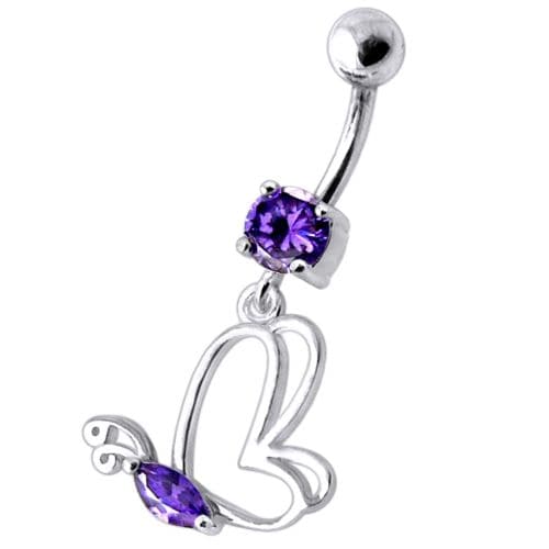 Silver Jeweled Butterfly Dangling With SS Banana bar Navel Body Jewelry Ring - Monster Piercing