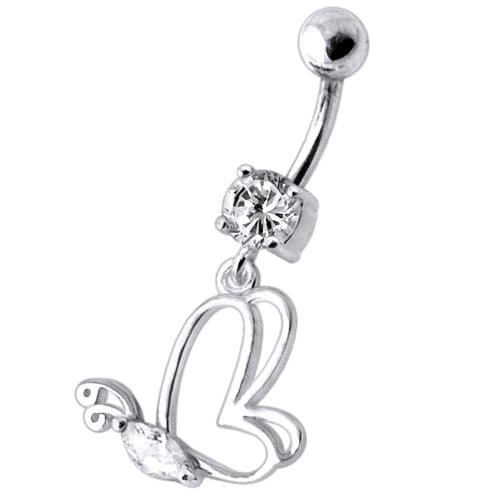 Silver Jeweled Butterfly Dangling With SS Banana bar Navel Body Jewelry Ring - Monster Piercing