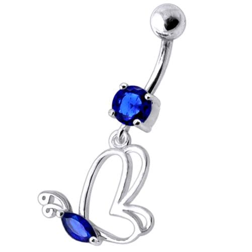 Silver Jeweled Butterfly Dangling With SS Banana bar Navel Body Jewelry Ring - Monster Piercing