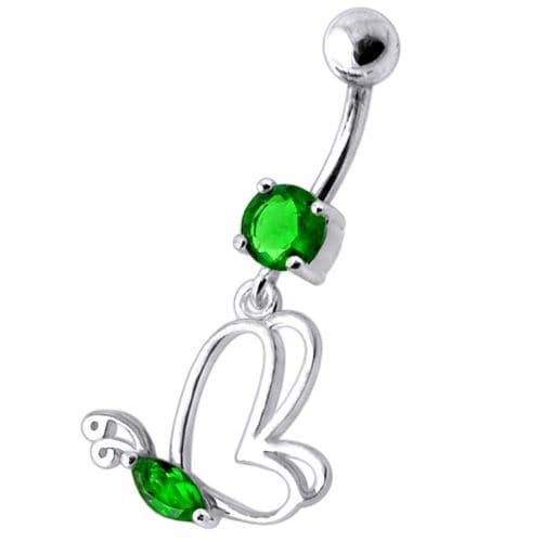 Silver Jeweled Butterfly Dangling With SS Banana bar Navel Body Jewelry Ring - Monster Piercing