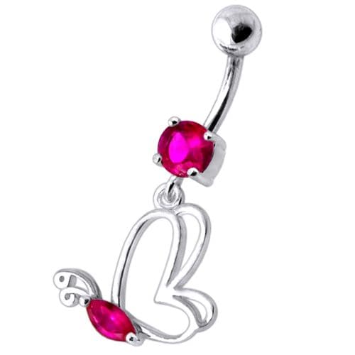 Silver Jeweled Butterfly Dangling With SS Banana bar Navel Body Jewelry Ring - Monster Piercing