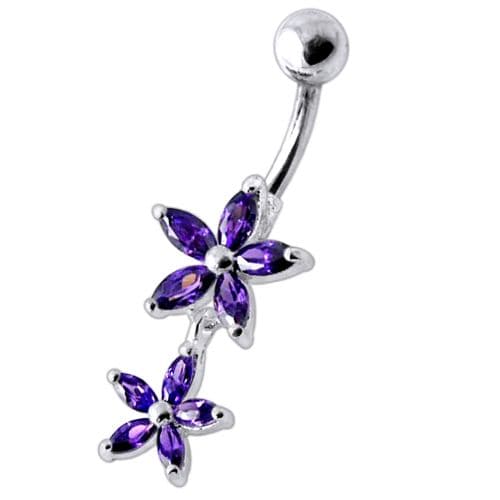 Double Flower Jeweled Dangling Belly Ring - Monster Piercing