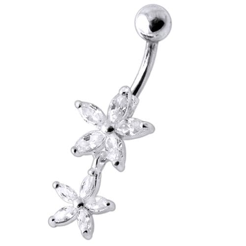 Double Flower Jeweled Dangling Belly Ring - Monster Piercing