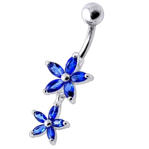 Double Flower Jeweled Dangling Belly Ring - Monster Piercing