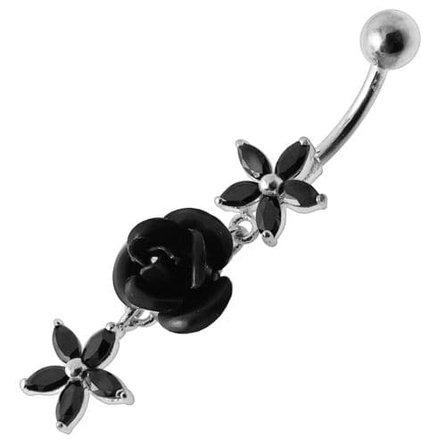 Center Rose Jeweled Dangling Belly Ring - Monster Piercing