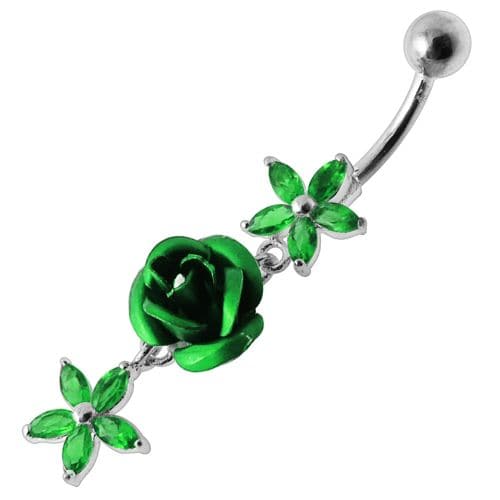 Center Rose Jeweled Dangling Belly Ring - Monster Piercing