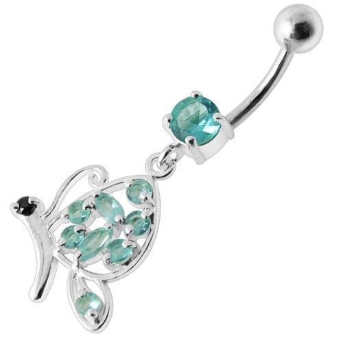 Fancy Butterfly Jeweled Silver Dangling Belly Ring - Monster Piercing