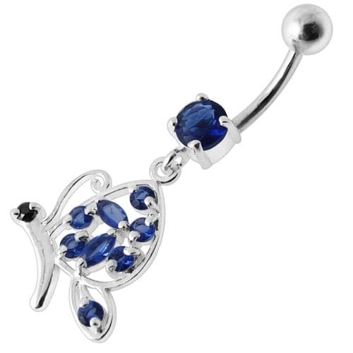 Fancy Butterfly Jeweled Silver Dangling Belly Ring - Monster Piercing