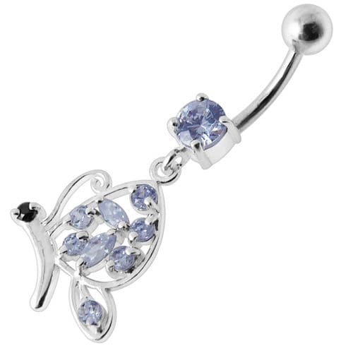 Fancy Butterfly Jeweled Silver Dangling Belly Ring - Monster Piercing