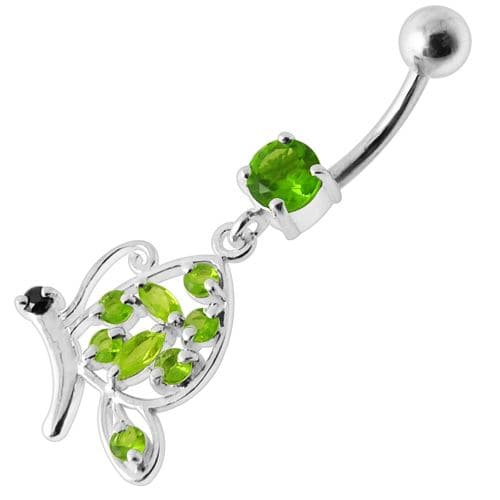 Fancy Butterfly Jeweled Silver Dangling Belly Ring - Monster Piercing