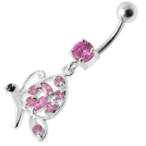 Fancy Butterfly Jeweled Silver Dangling Belly Ring - Monster Piercing