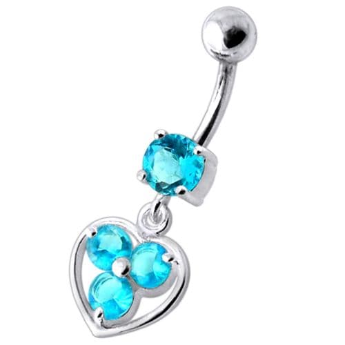 Jeweled Silver Heart Dangling SS Curved Bar Banana Belly Ring - Monster Piercing