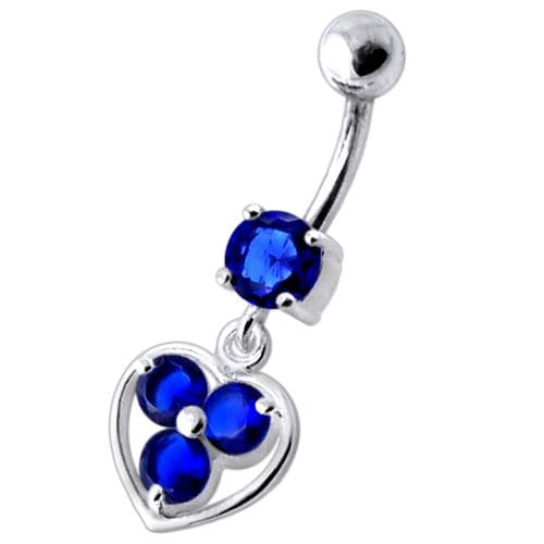 Jeweled Silver Heart Dangling SS Curved Bar Banana Belly Ring - Monster Piercing