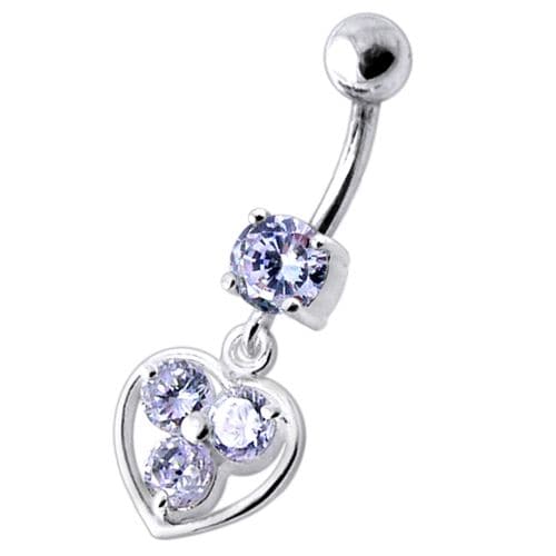 Jeweled Silver Heart Dangling SS Curved Bar Banana Belly Ring - Monster Piercing