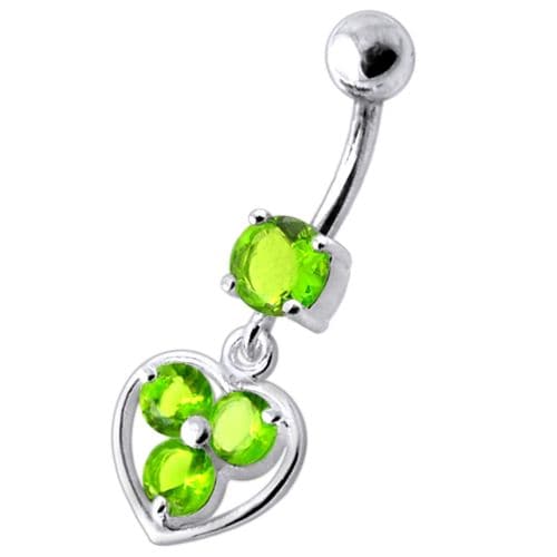 Jeweled Silver Heart Dangling SS Curved Bar Banana Belly Ring - Monster Piercing