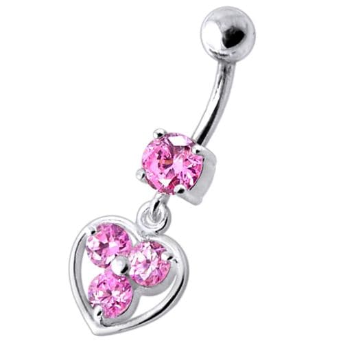 Jeweled Silver Heart Dangling SS Curved Bar Banana Belly Ring - Monster Piercing