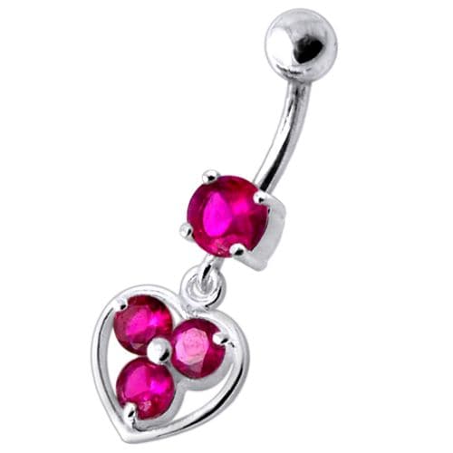 Jeweled Silver Heart Dangling SS Curved Bar Banana Belly Ring - Monster Piercing