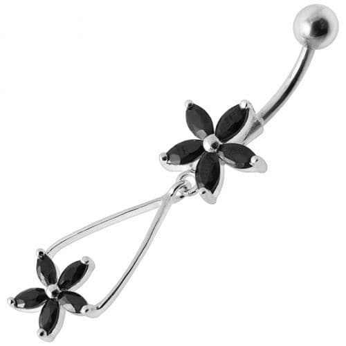 Fancy Jeweled Two Flower Silver Dangling SS Bar Navel Ring - Monster Piercing