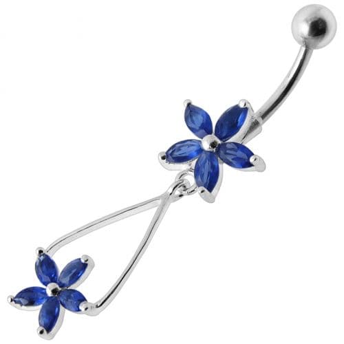 Fancy Jeweled Two Flower Silver Dangling SS Bar Navel Ring - Monster Piercing