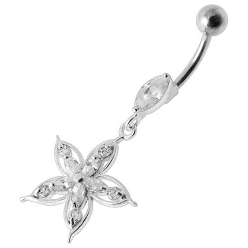 Fancy Star Jeweled Silver Dangling Belly Ring - Monster Piercing