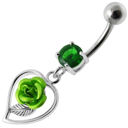 Rose in Heart Jeweled Dangling Belly Ring - Monster Piercing