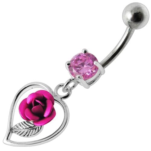 Rose in Heart Jeweled Dangling Belly Ring - Monster Piercing