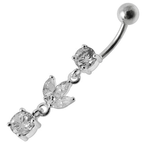 Silver Fancy Leaf Design Dangling Belly Ring - Monster Piercing