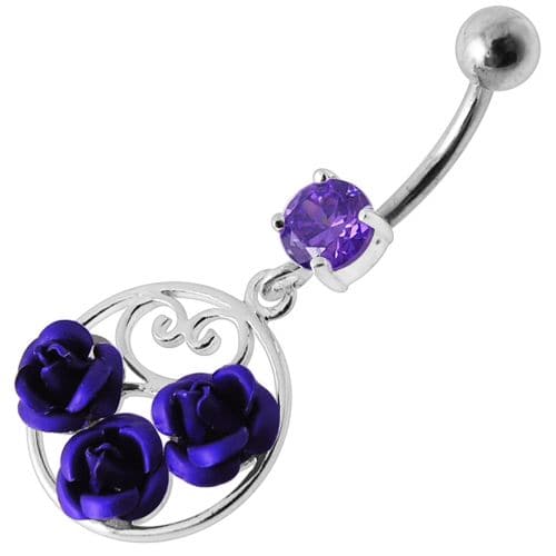 Fancy Multi Jeweled  ROSES Dangling Banana Bar Belly Ring - Monster Piercing