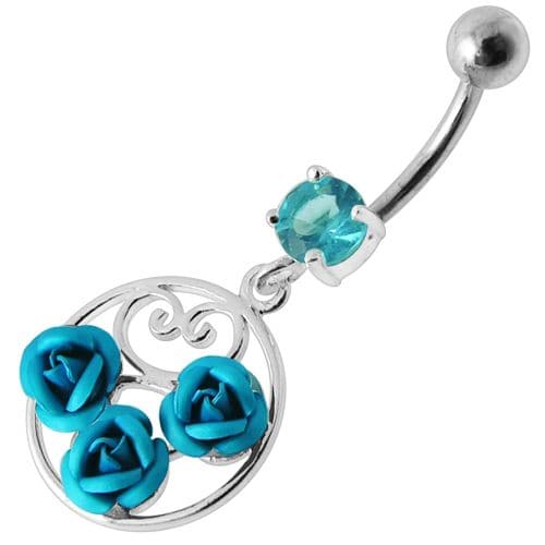 Fancy Multi Jeweled  ROSES Dangling Banana Bar Belly Ring - Monster Piercing