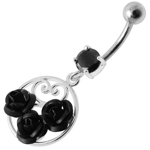 Fancy Multi Jeweled  ROSES Dangling Banana Bar Belly Ring - Monster Piercing