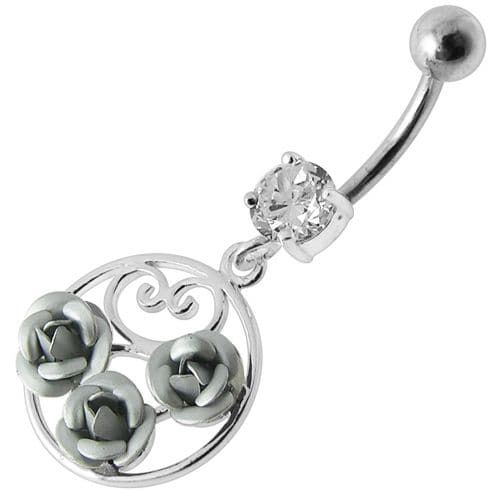 Fancy Multi Jeweled  ROSES Dangling Banana Bar Belly Ring - Monster Piercing