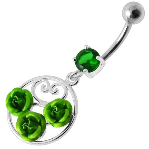 Fancy Multi Jeweled  ROSES Dangling Banana Bar Belly Ring - Monster Piercing