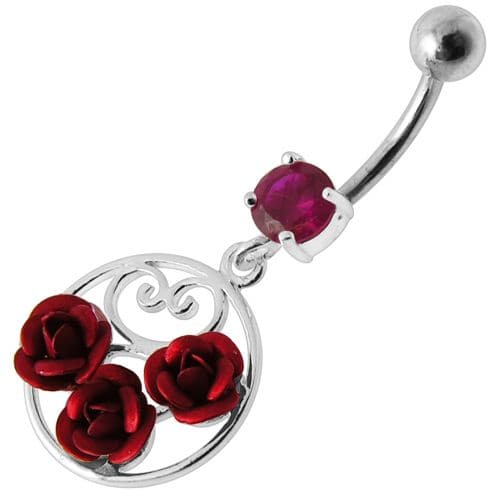 Fancy Multi Jeweled  ROSES Dangling Banana Bar Belly Ring - Monster Piercing