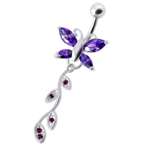 Butterfly Silver Dangling Belly Ring With SS Banana Bar - Monster Piercing