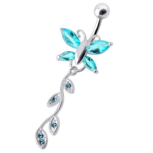 Butterfly Silver Dangling Belly Ring With SS Banana Bar - Monster Piercing