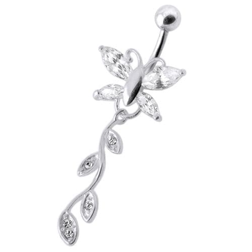 Butterfly Silver Dangling Belly Ring With SS Banana Bar - Monster Piercing