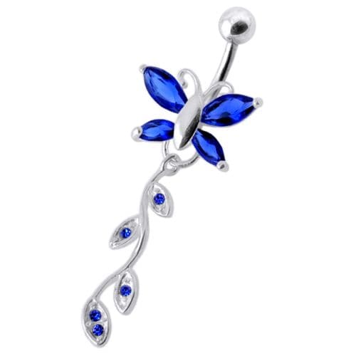 Butterfly Silver Dangling Belly Ring With SS Banana Bar - Monster Piercing