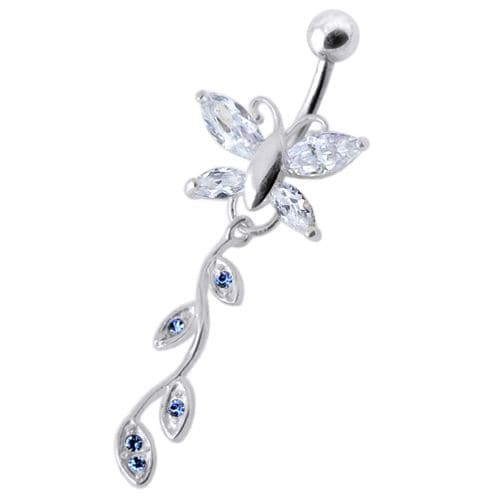 Butterfly Silver Dangling Belly Ring With SS Banana Bar - Monster Piercing