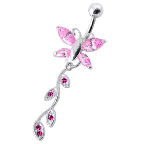 Butterfly Silver Dangling Belly Ring With SS Banana Bar - Monster Piercing