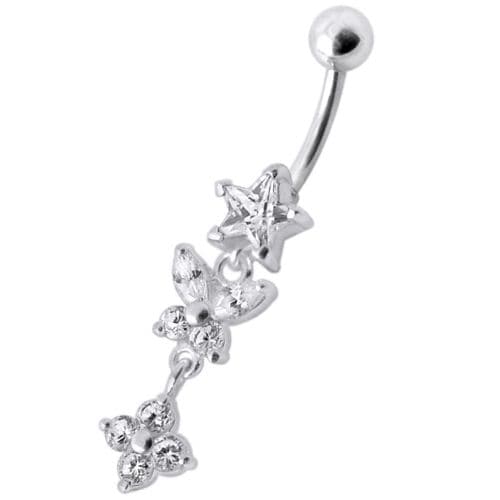 Fancy  Multi Flower Jeweled Dangling Navel Ring - Monster Piercing