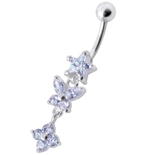 Fancy  Multi Flower Jeweled Dangling Navel Ring - Monster Piercing