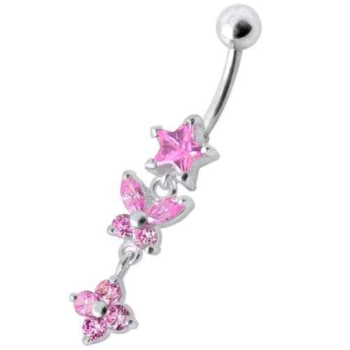 Fancy  Multi Flower Jeweled Dangling Navel Ring - Monster Piercing