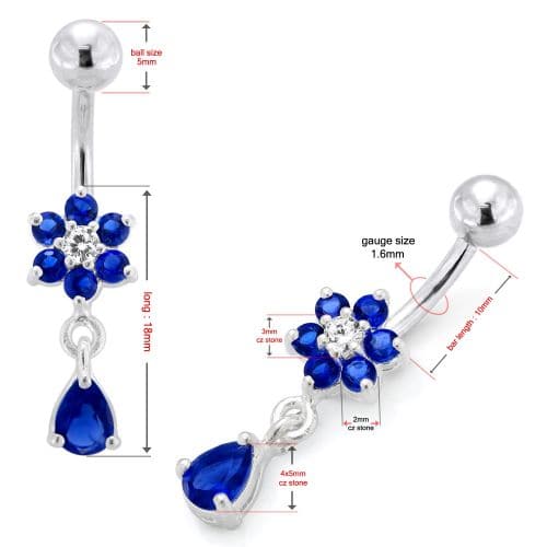 Fancy  Flower Silver Dangling With SS Belly Ring - Monster Piercing