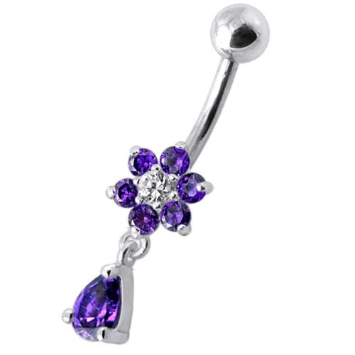 Fancy  Flower Silver Dangling With SS Belly Ring - Monster Piercing